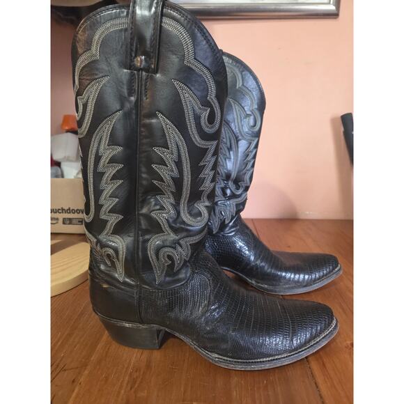 Justin Boots Other - Justin Black Leather And Exotic Lizard Cowboy Boots Mens Size 10B 8313 Sniptoe